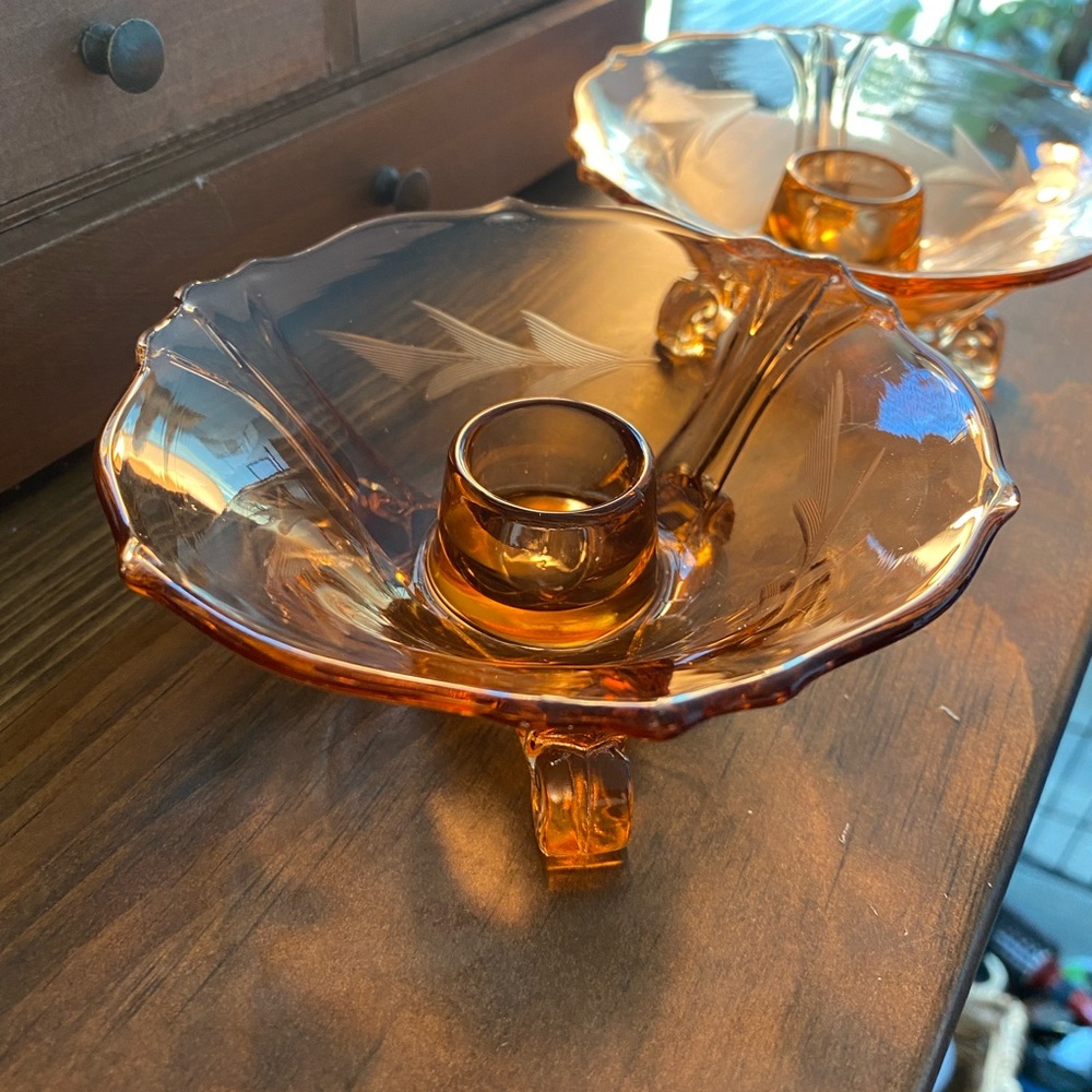 Etched Fostoria amber depression glass candle holders pair